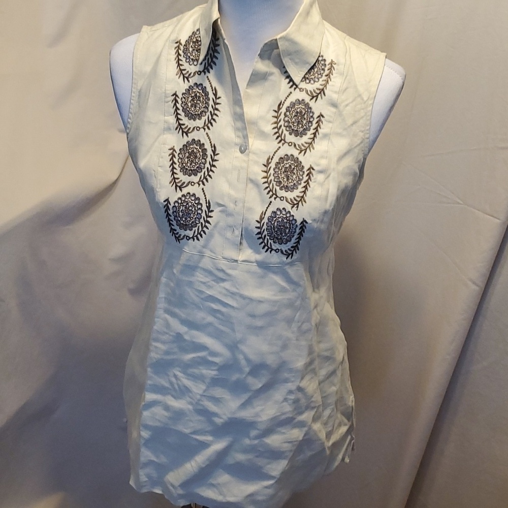 Carole Little Linen Tie Back Embroidered Top SZ SM
